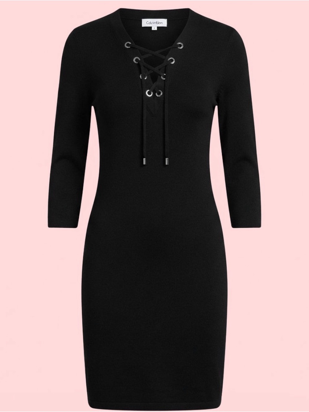 Calvin Klein black sweater dress sheath  grommet lace up 3/4 Sleeve Stretch Sz S